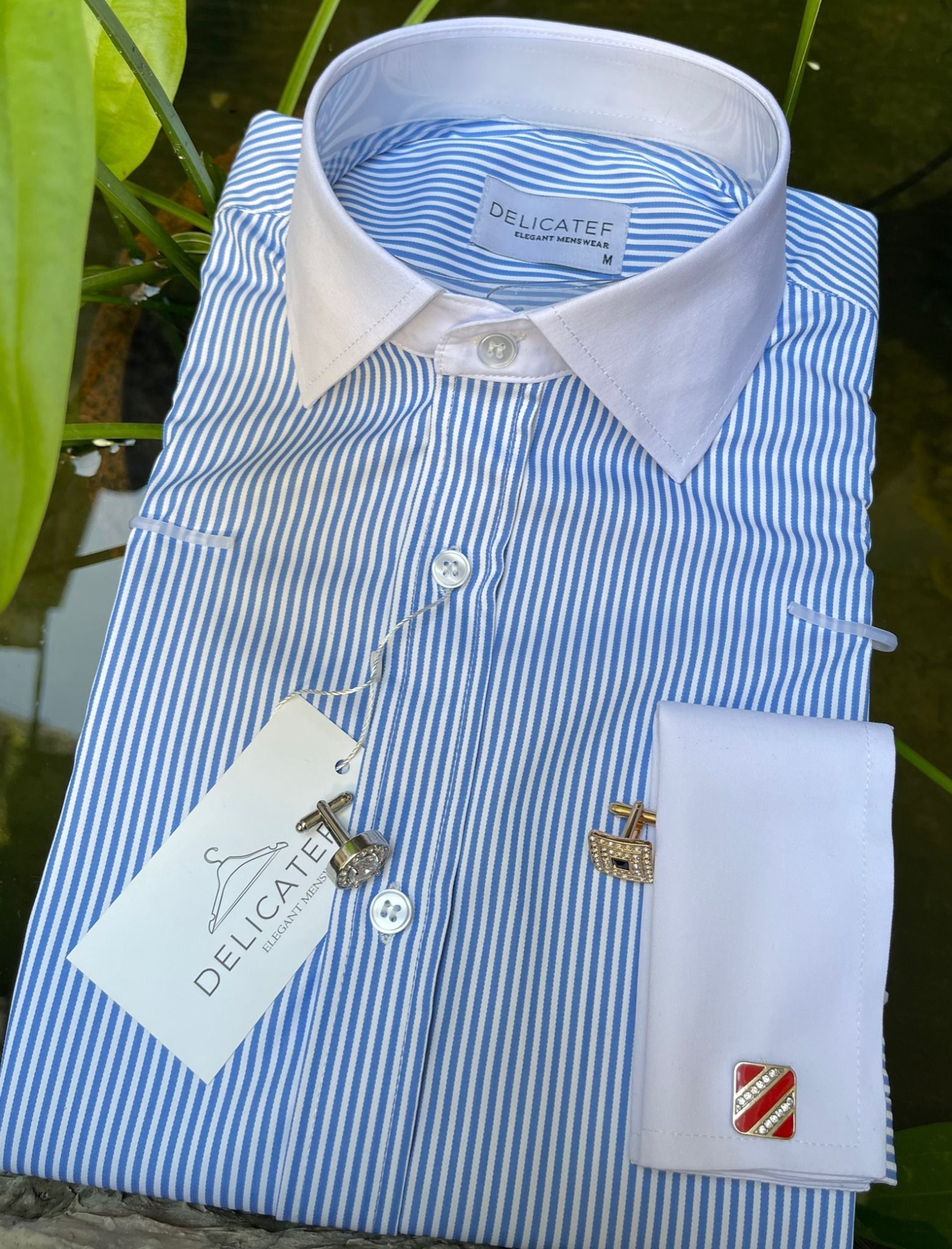 Sơ Mi Xanh Kẻ Cufflink cổ Spread
