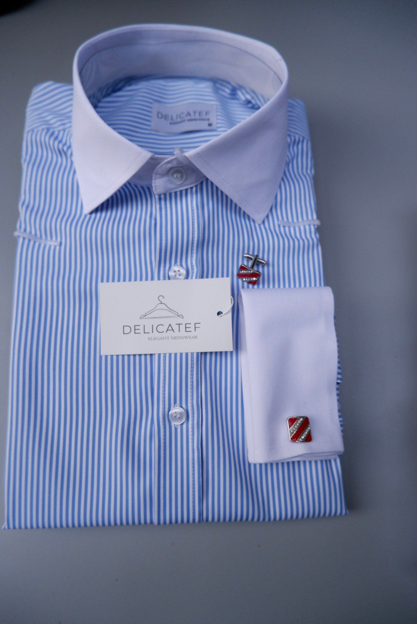 Sơ Mi Xanh Kẻ Cufflink cổ Spread