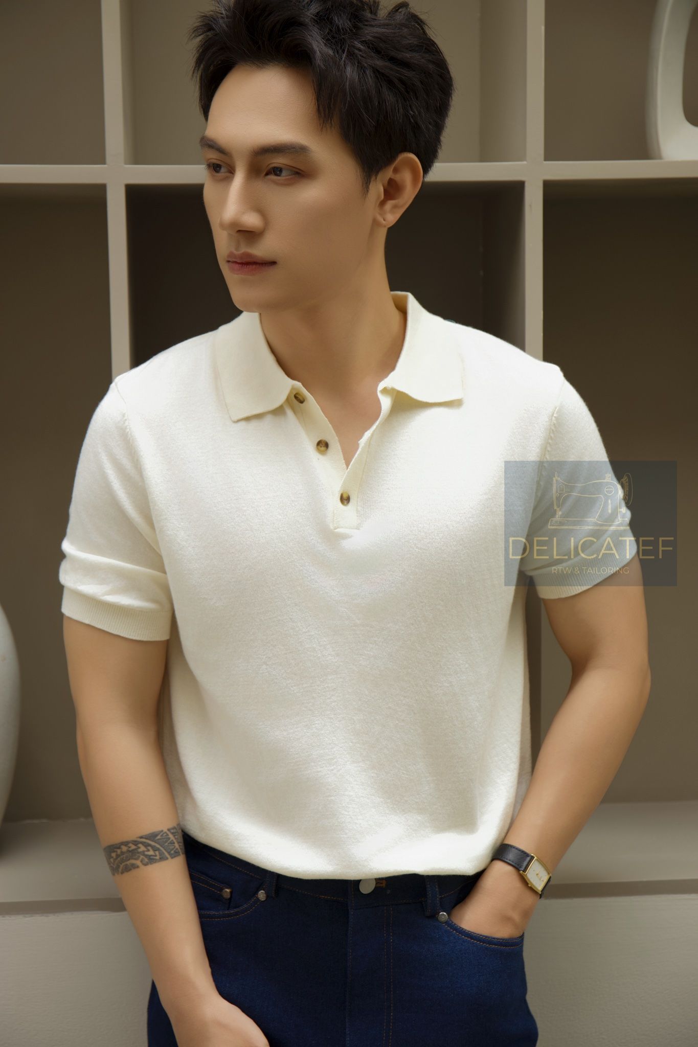 Áo Polo Kem-Beige dệt kim cao cấp