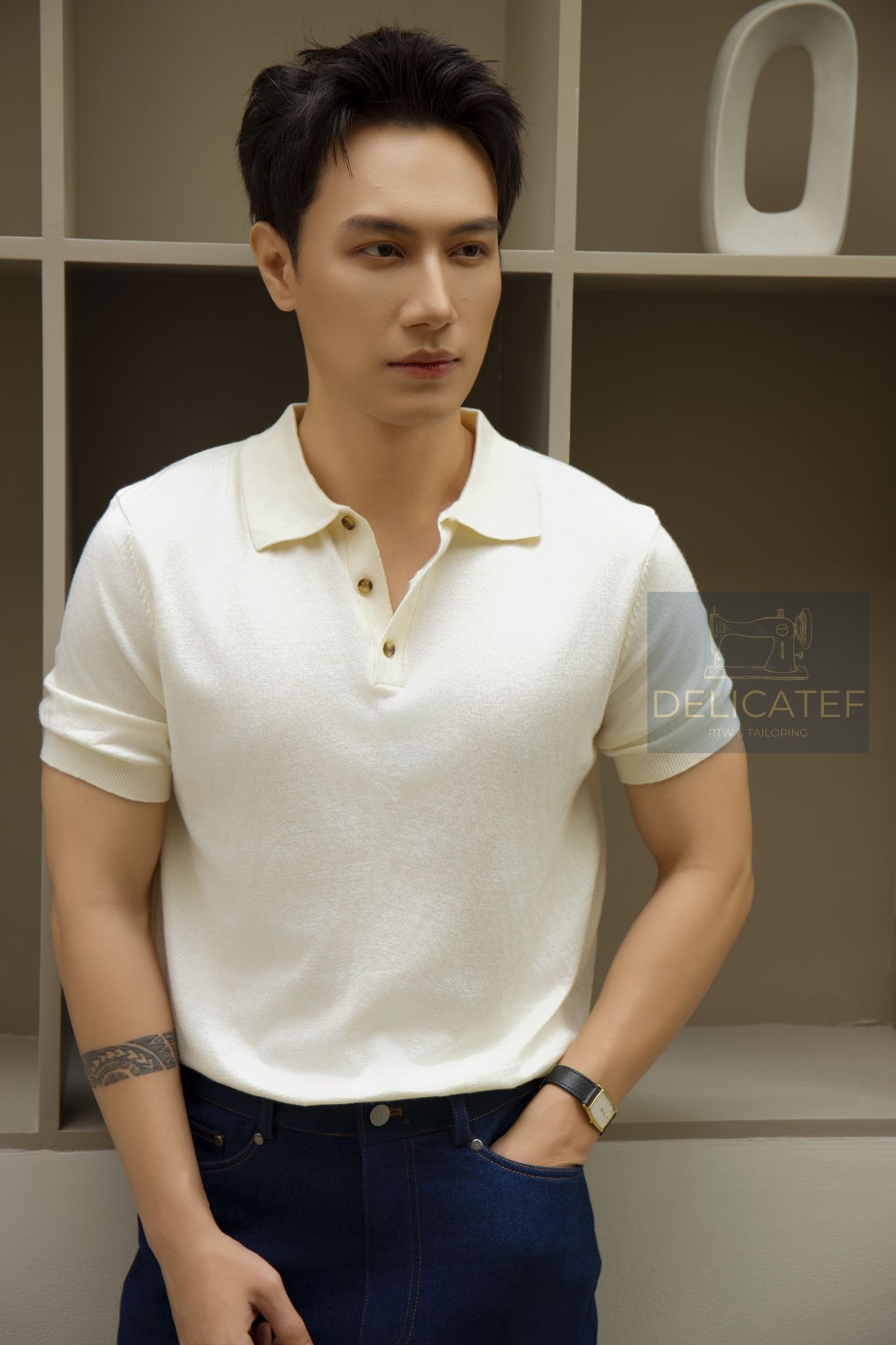 Áo Polo Kem-Beige dệt kim cao cấp