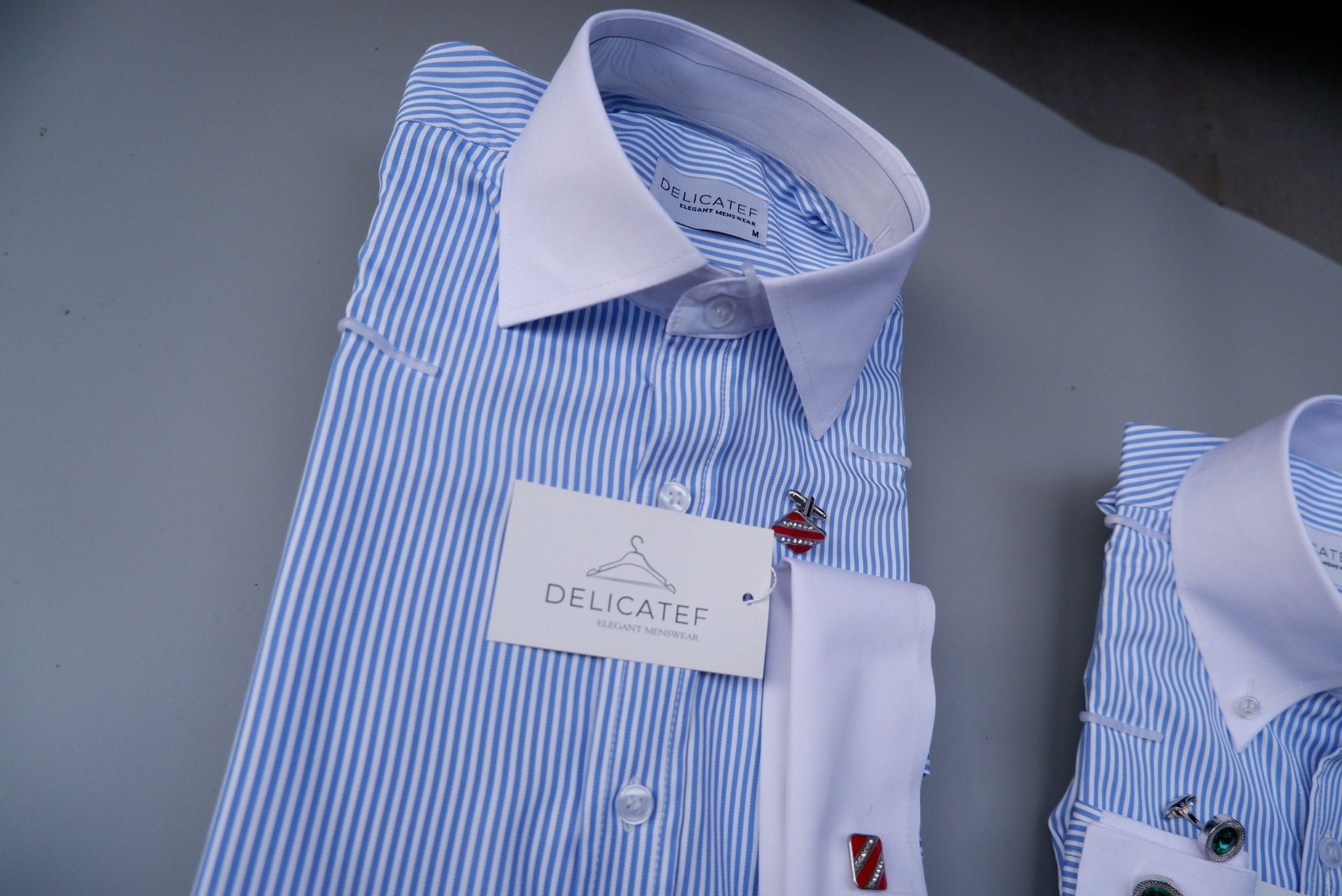 Sơ Mi Xanh Kẻ Cufflink cổ Spread