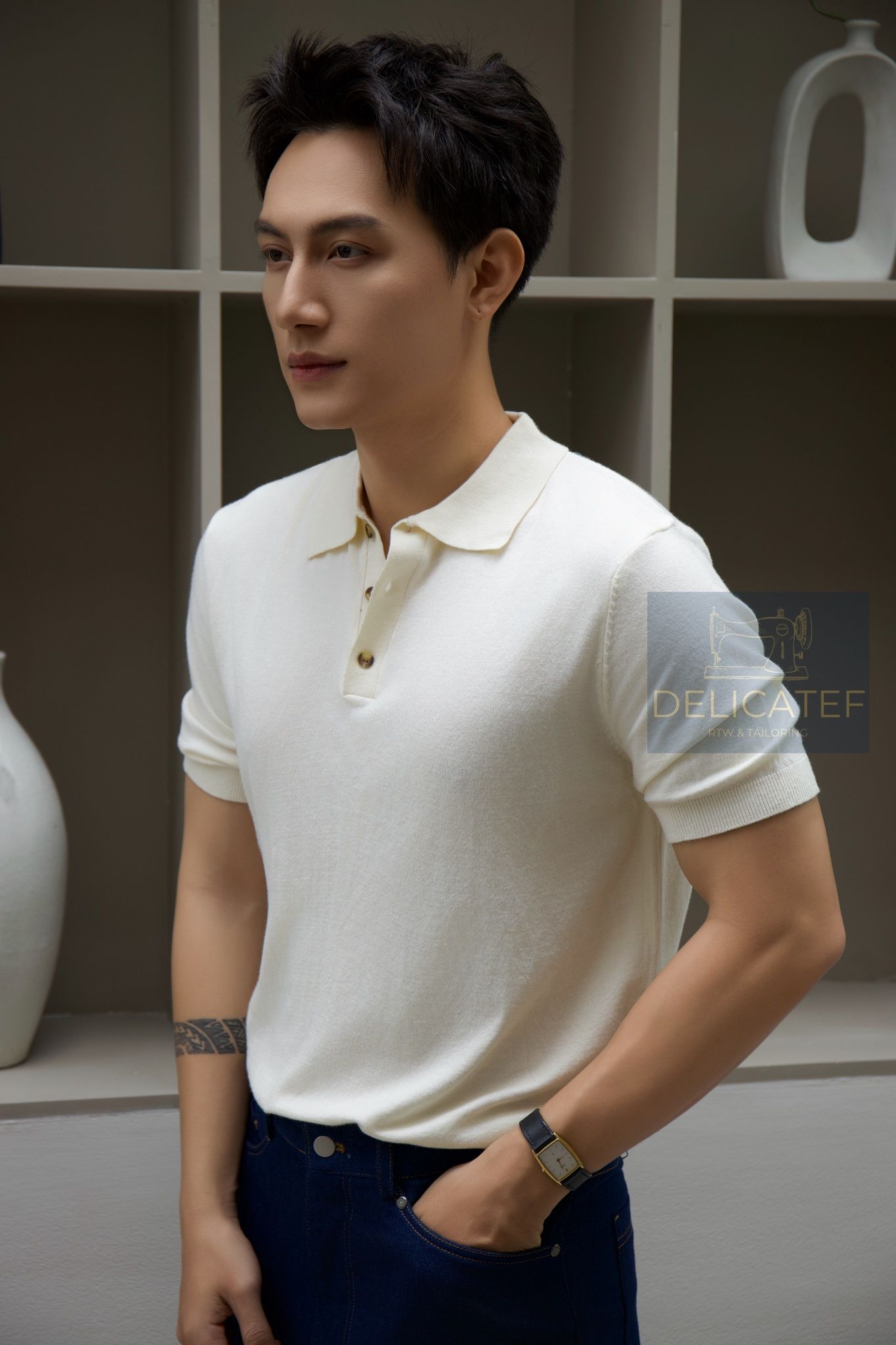 Áo Polo Kem-Beige dệt kim cao cấp