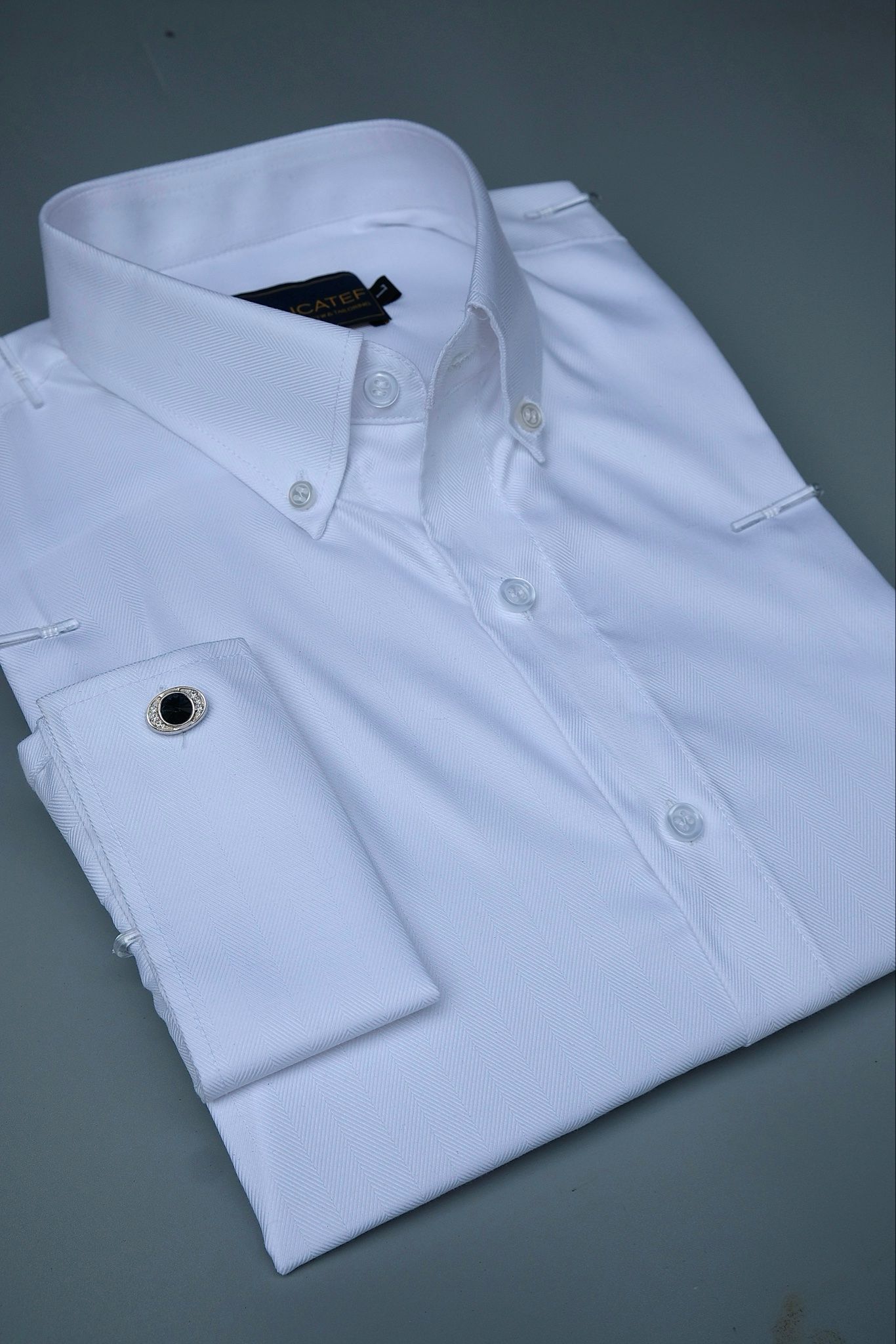 Sơ Mi Trắng xương cá dệt herringbone tay cufflinks