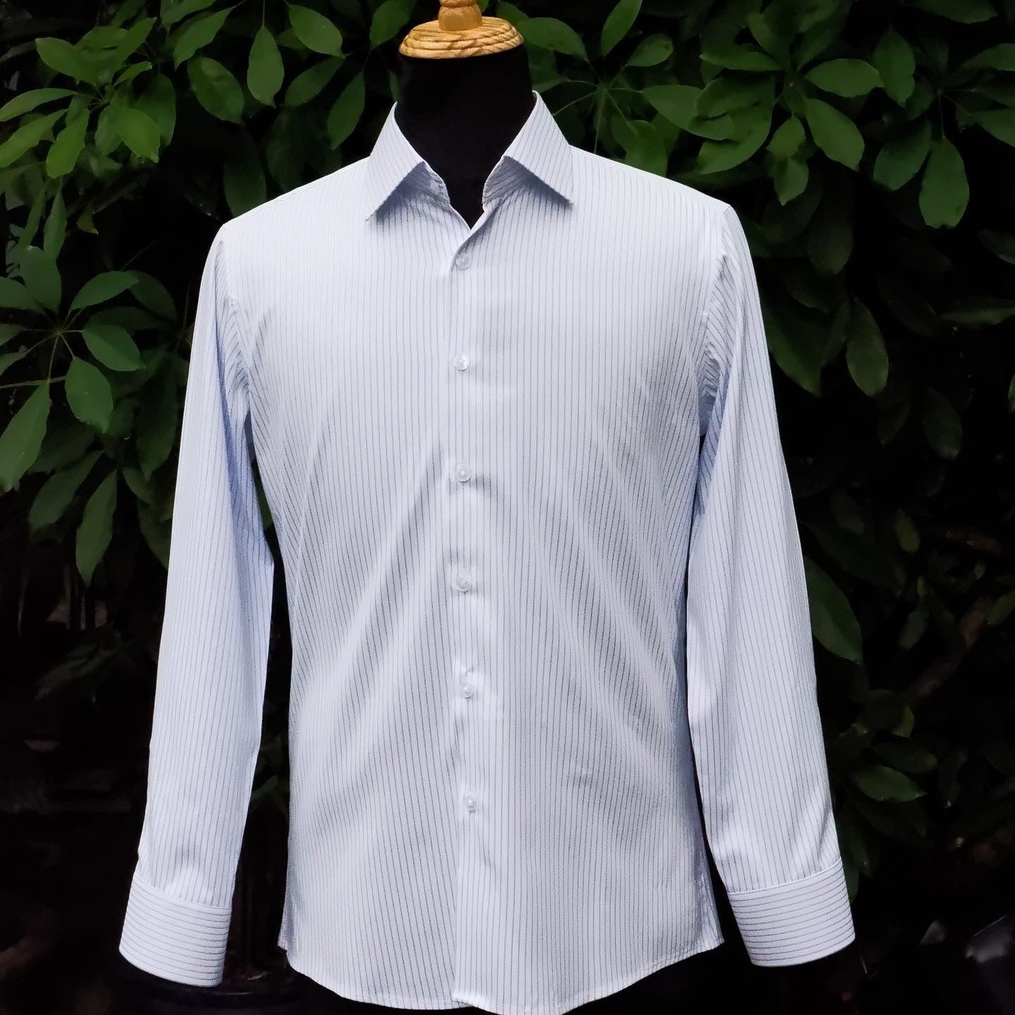 Áo Trắng Kẻ Sọc Dọc Xanh cổ Spread