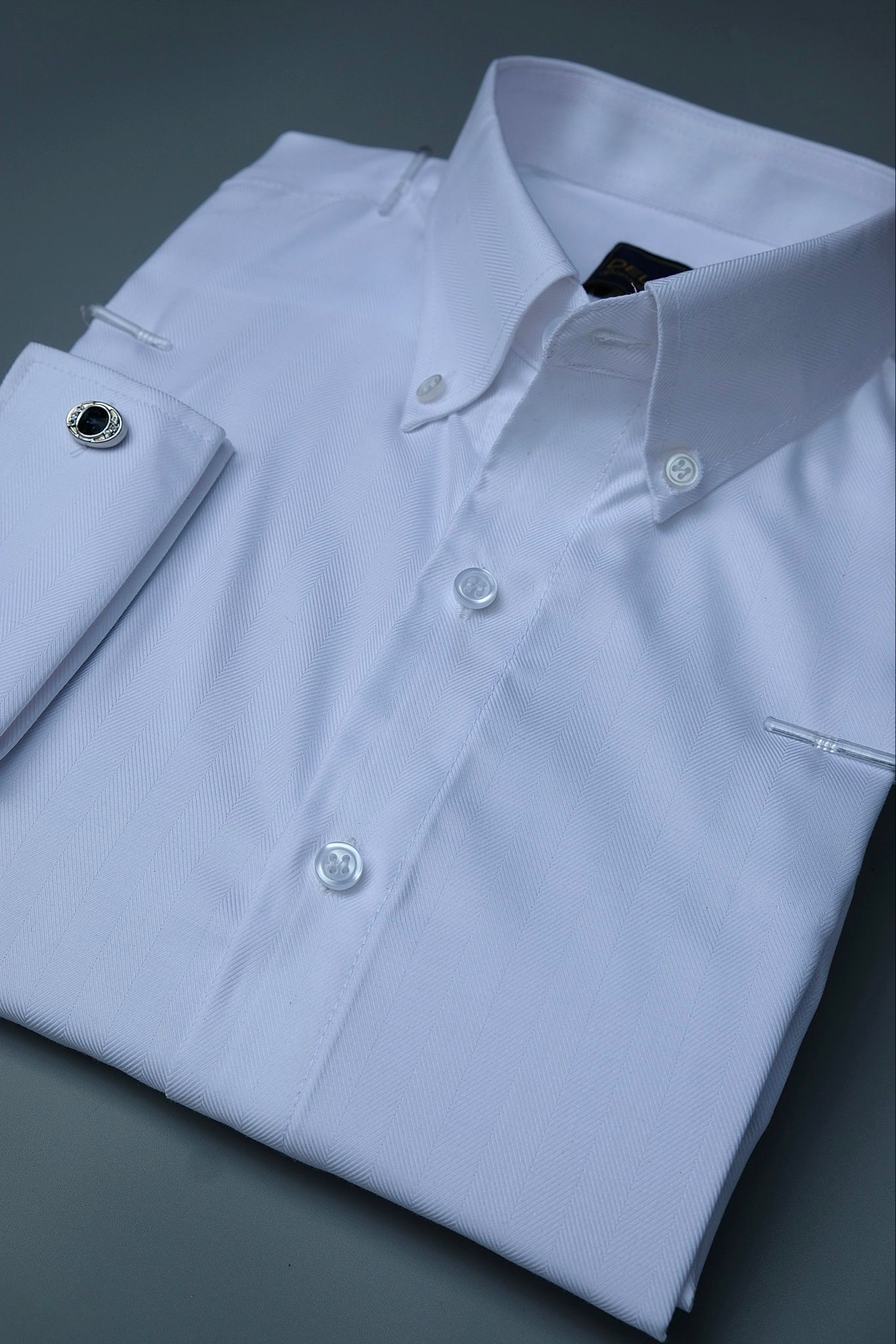 Sơ Mi Trắng xương cá dệt herringbone tay cufflinks