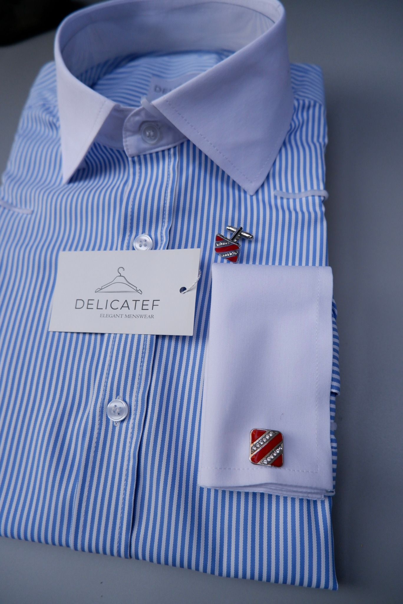 Sơ Mi Xanh Kẻ Cufflink cổ Spread