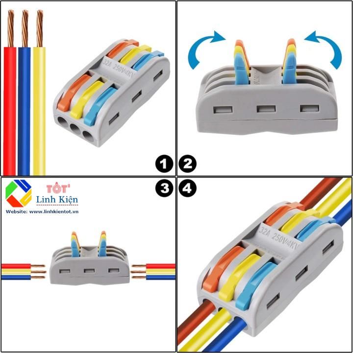 Đầu nối dây PCT-2-3 3 khe Wire Connector 250V 32A/4KV - Cút nối dây điện nhanh 3 khe loại tốt