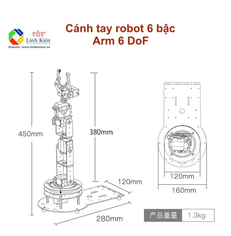 Bộ khung cánh tay 6 bậc hợp kim nhôm - Arm 6 DoF tương thích MG995, MG996