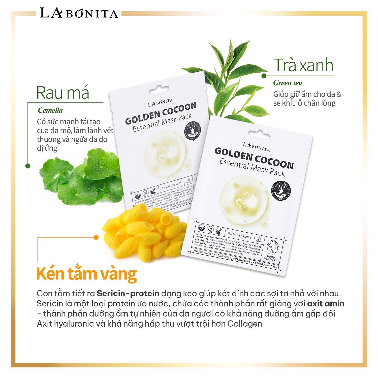  Mặt Nạ Dưỡng Ẩm Sáng Da Cải Thiện Nếp Nhăn La Bonita Golden Cocoon Essential Mask Pack 20g 