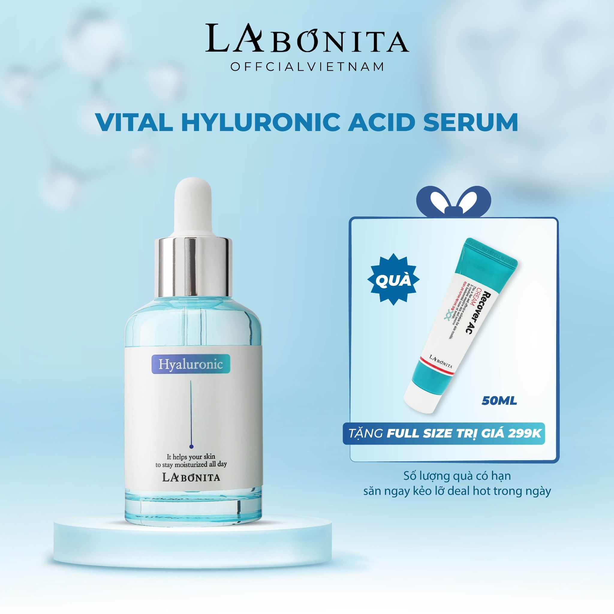  Serum HA Dưỡng Ẩm Căng Bóng & Tăng Độ Đàn Hồi -LA BONITA Vital Hyaluronic Acid Serum 50ml -  Tặng Kem Giảm Mụn 50ml 