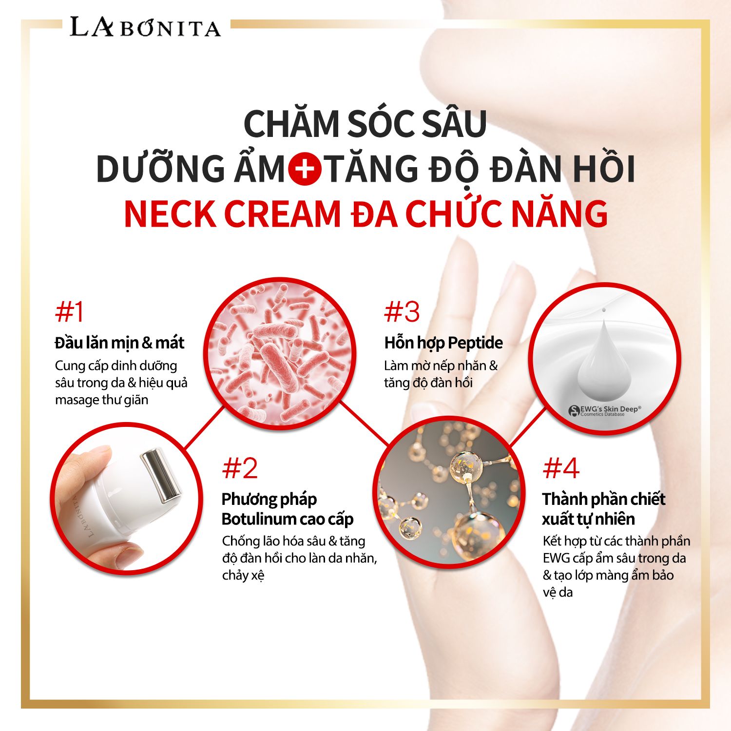 Kem Dưỡng Da Vùng Cổ Giảm Nếp Nhăn La Bonita Peptide Roller Neck Cream 50ml