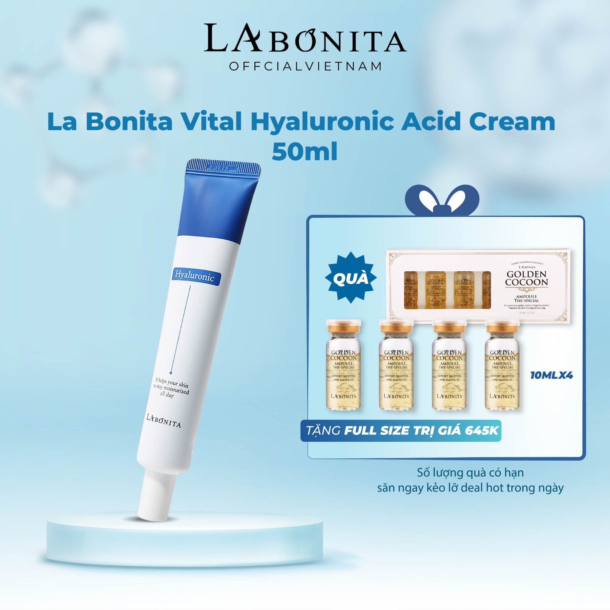  [SIÊU DEAL ] Kem Dưỡng Ẩm Da Dầu Và Phục Hồi Da La Bonita Vital Hyaluronic Acid Cream 50ml+ 4 Lọ Tinh Chất Kén Tằm Vàng La Bonita Golden Cocoon Ampoule The-Special 10ml X 4 Lọ 