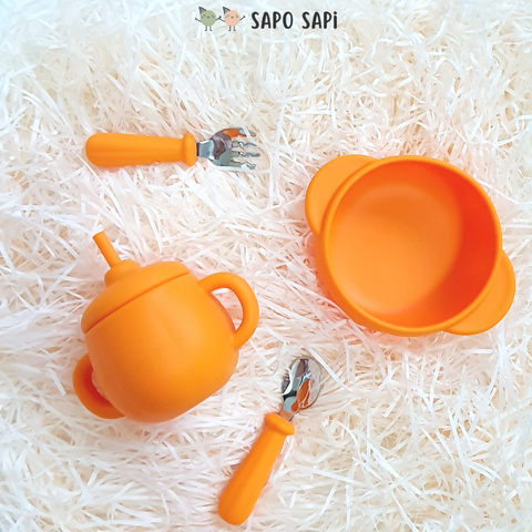  Bộ bát ăn dặm Premium Silicon đế hít chống đổ kèm thìa dĩa ăn dặm inox: Pumkin set 