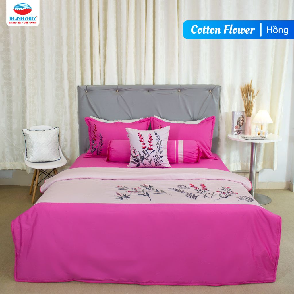 Bộ Ga Bọc Cotton Thêu Flower Màu Hồng Đậm (15)