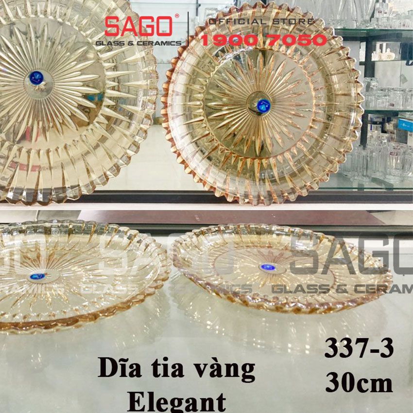 ELEGANT JZ-337-3V - Dĩa Thủy Tinh Cạn Tròn Tia Vàng Elegant Đường Kính 30.0cm | Thủy Tinh Màu Cao Cấp
