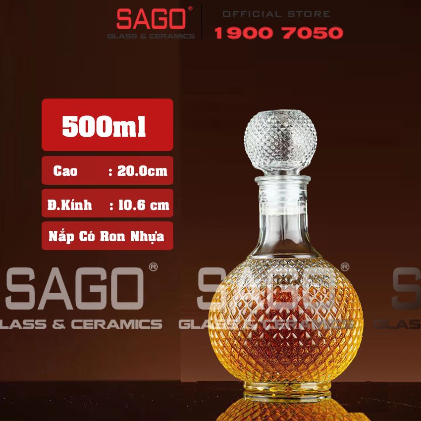 Bình Chiết Rượu , Bình Ngâm Rượu Tròn Kim Cương 500ml | Nắp Thủy Tinh Ron Nhựa