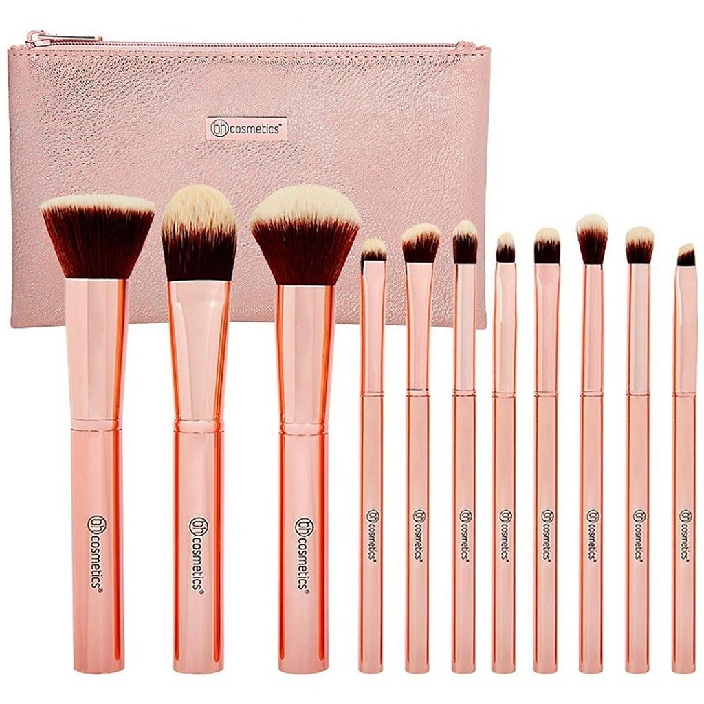 Bộ Cọ Trang Điểm 11 Cây BH Cosmetics Metal Rose 11 Piece Brush Set With Bag- Cọ Túi Hồng