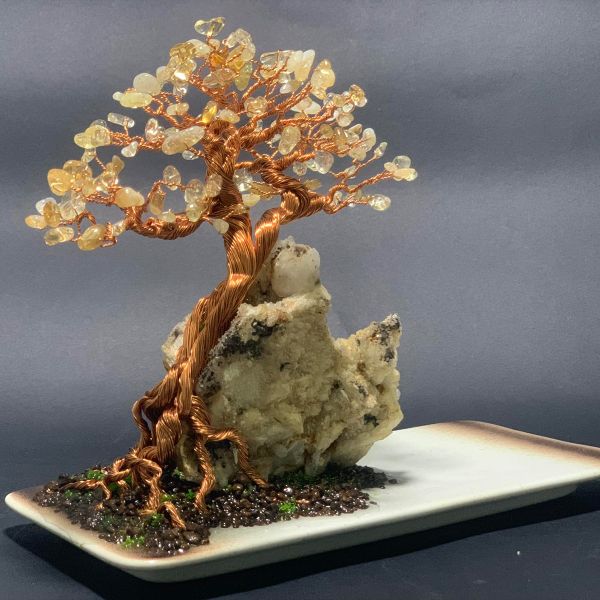  Bonsai dây đồng nghệ thuật đá Citrine và cụm tinh thể thạch anh trắng 