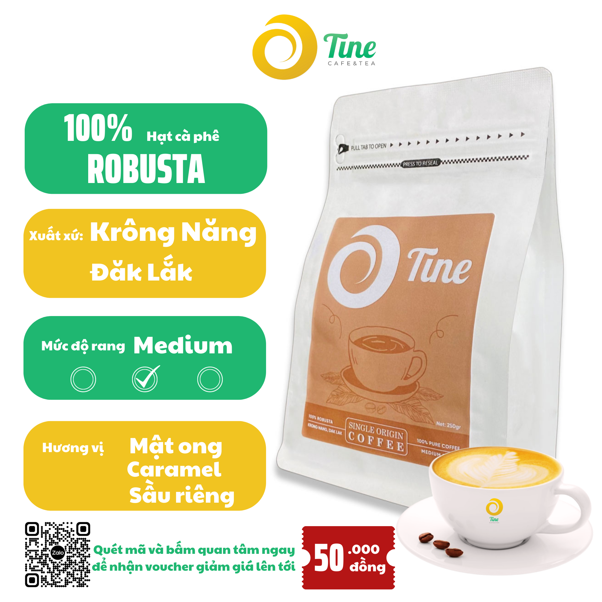  Cà phê nguyên chất 100% TINECAFE - Cà phê Robusta Krông Năng Đắk Lắk 