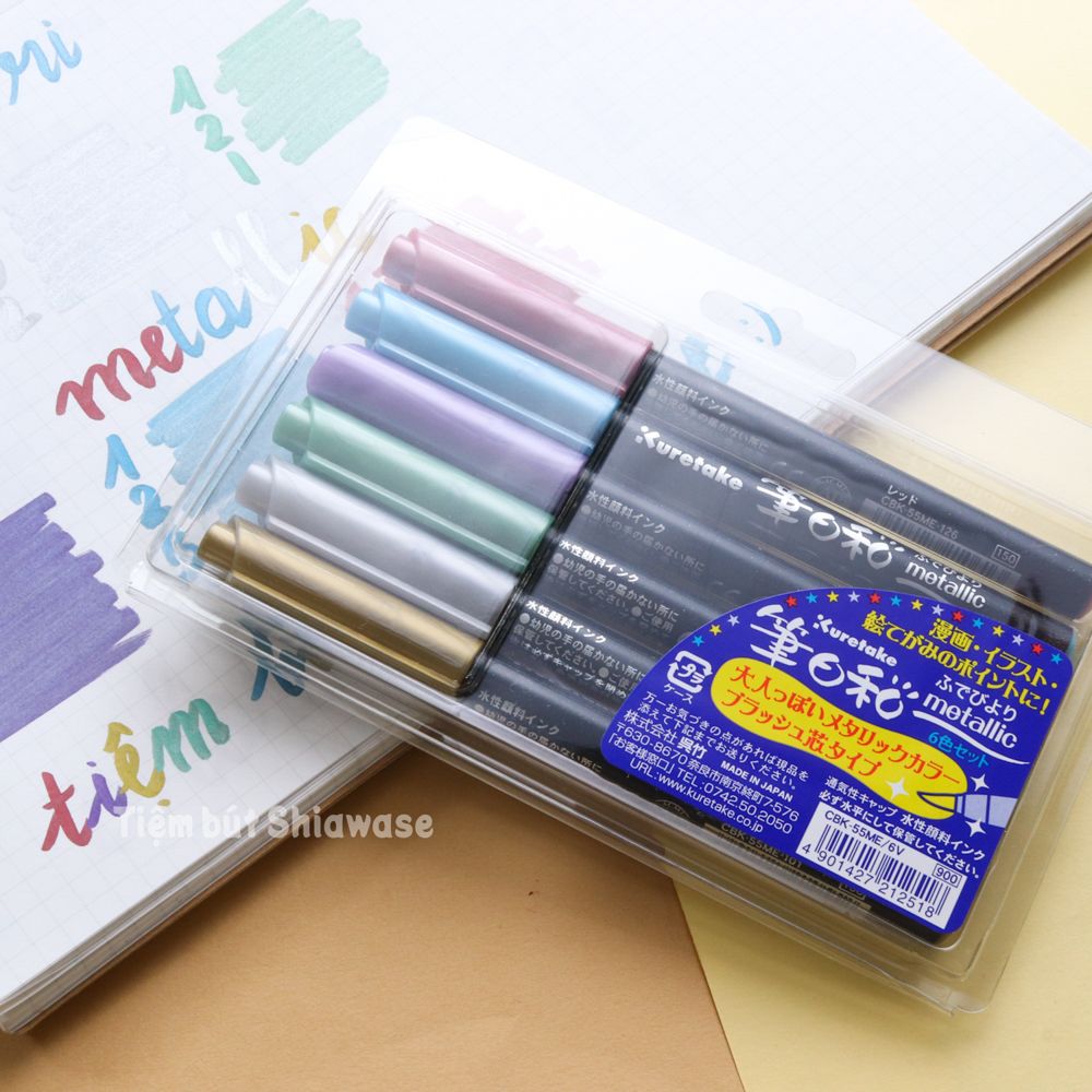 Set 6 Cây Bút Màu Calligraphy Nhũ Metallic Kuretake Zig Fudebiyori Metallic Brush Pen