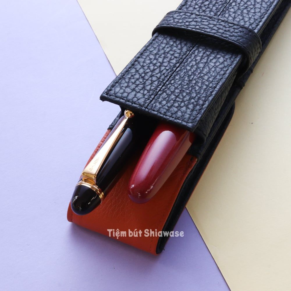 Bao Da Đựng Bút - Loại 2 Bút - Wancher Penbrace 2 Pen Pouch - Black Orange