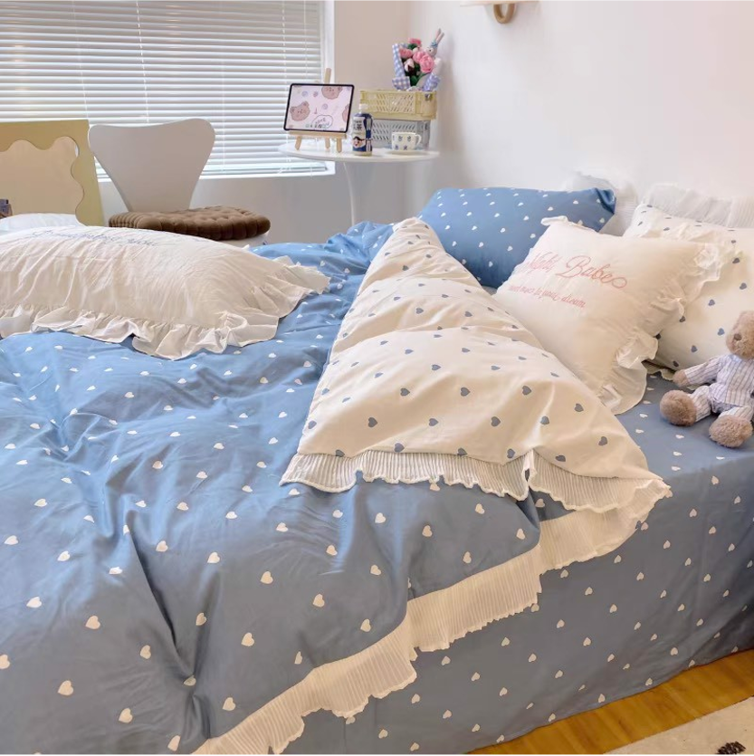 Bộ Chăn ga cotton cao cấp- Tim bèo xanh dương