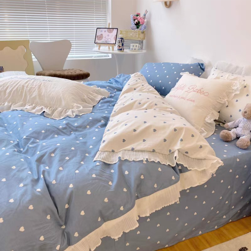 Bộ Chăn ga cotton cao cấp- Tim bèo xanh dương
