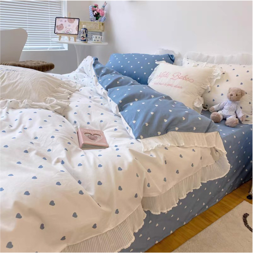 Bộ Chăn ga cotton cao cấp- Tim bèo xanh dương