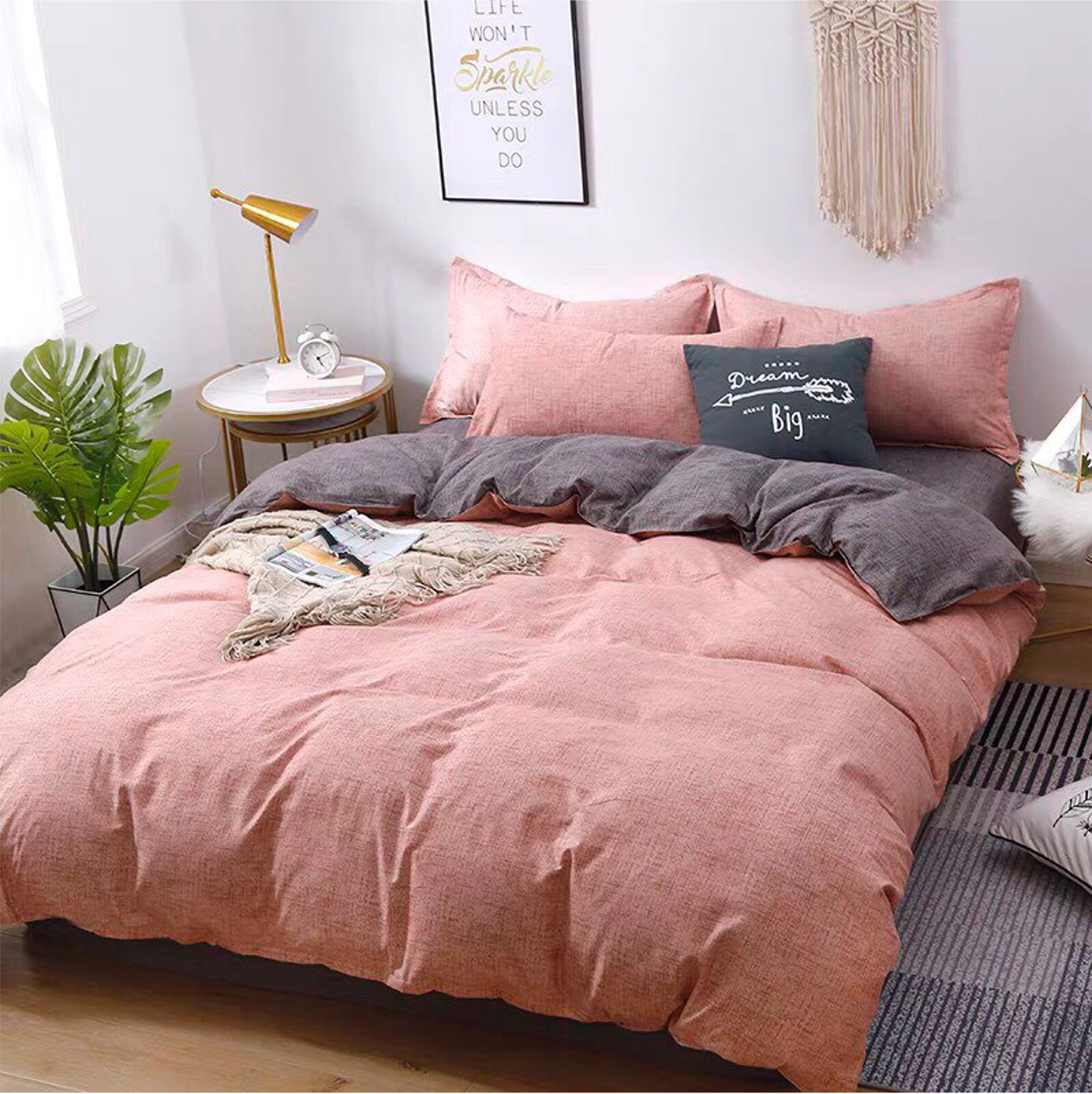 Bộ Chăn ga cotton Hàn Quốc- Kẻ Hồng ghi