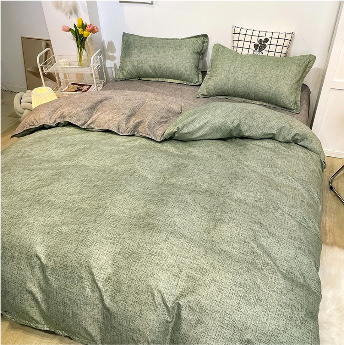 Bộ Chăn ga cotton Hàn Quốc- Kẻ Xanh lá ghi
