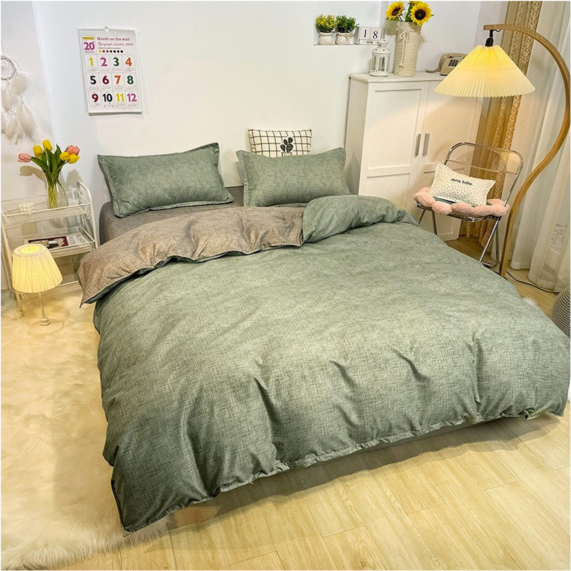 Bộ Chăn ga cotton Hàn Quốc- Kẻ Xanh lá ghi