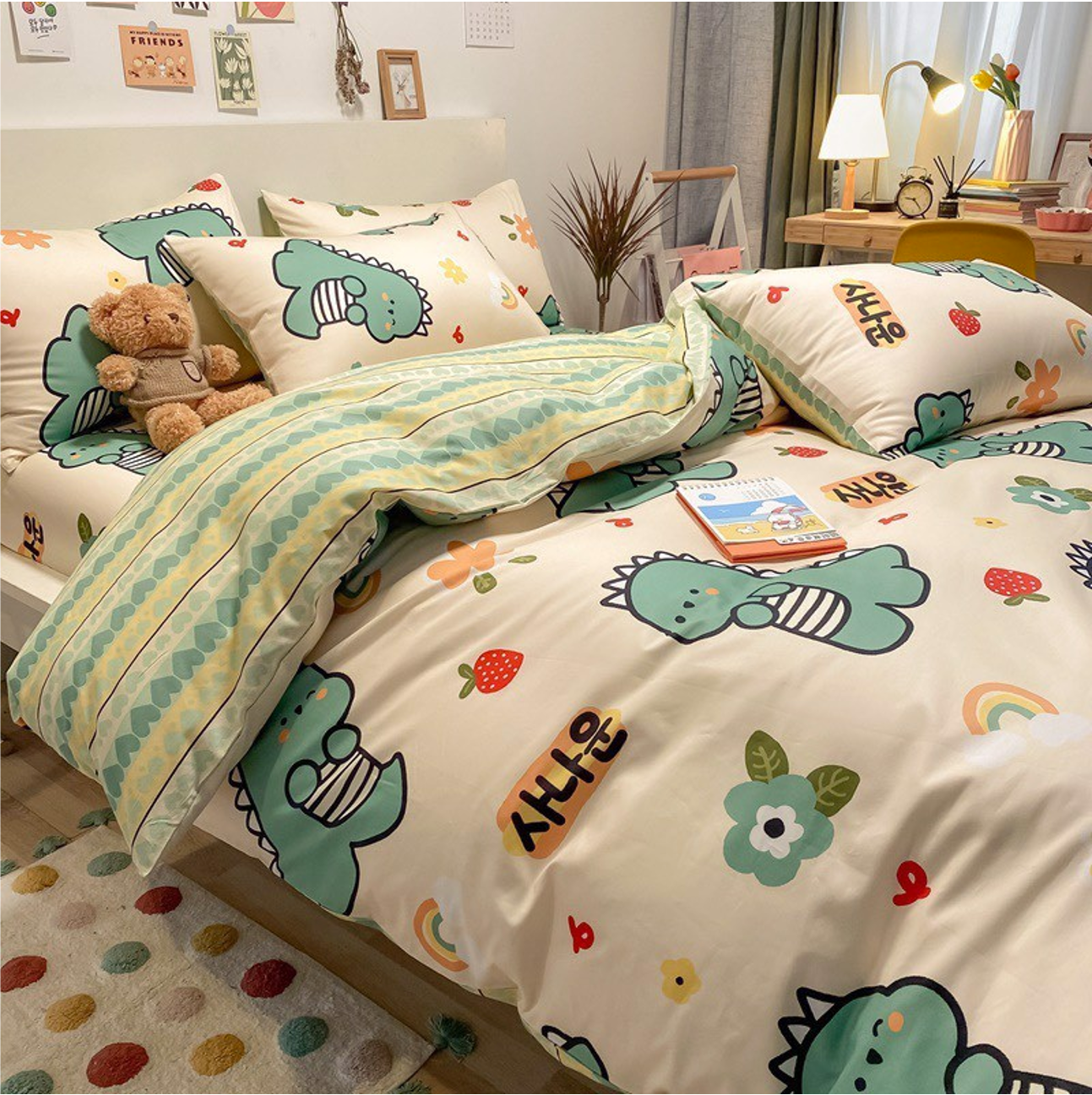 Bộ Chăn ga cotton Hàn Quốc- Khủng long xanh