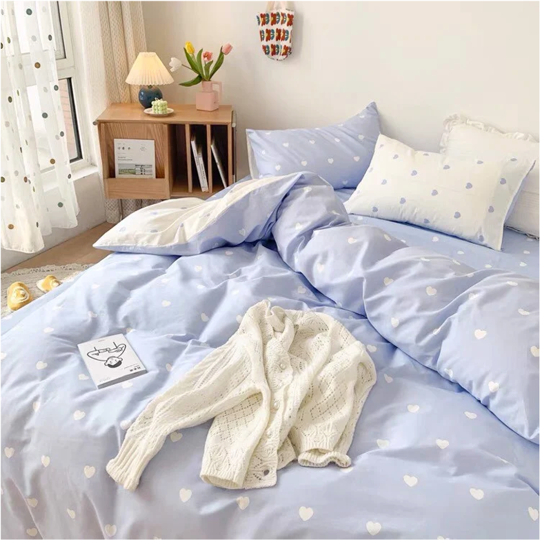 Bộ Chăn ga cotton Hàn Quốc - Tim xanh