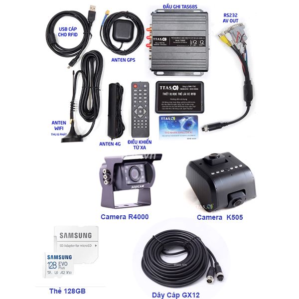  CHD3 - Combo Đầu Ghi Camera Hành Trình TAS68S + Dual 3 Camera Hành Trình (K505 & R4000) + Thẻ 128GB + SIM 120GB/Tháng 
