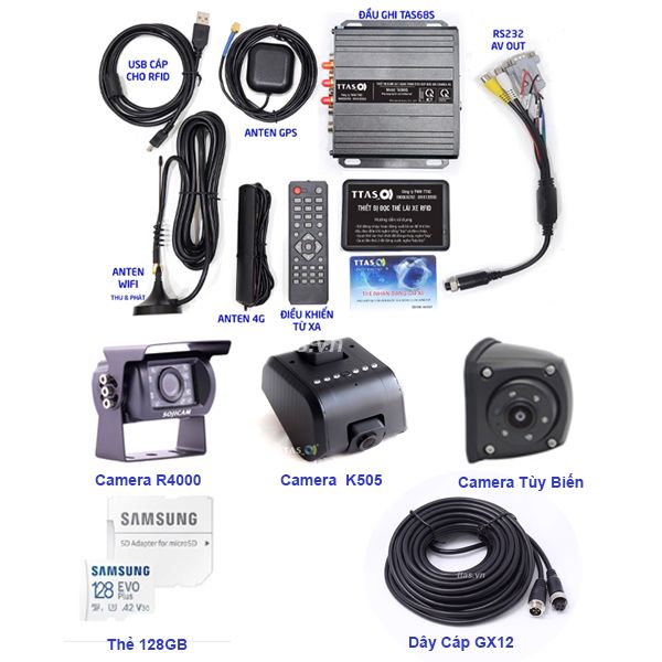 CHD4 - Combo Đầu Ghi Camera Hành Trình TAS68S + Dual 4 Camera Hành Trình (K505 & R4000 & 1 Camera Tùy Biến )+ Thẻ 128GB + SIM 5000Gb/năm