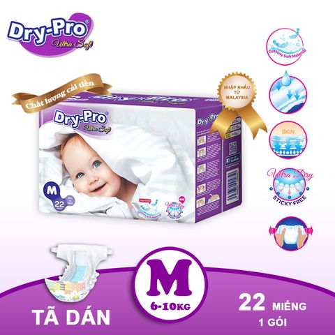  Tã bỉm dán Dry-Pro siêu mềm nhập khẩu Malaysia size M (6kg - 10kg) - Gói 22 miếng 