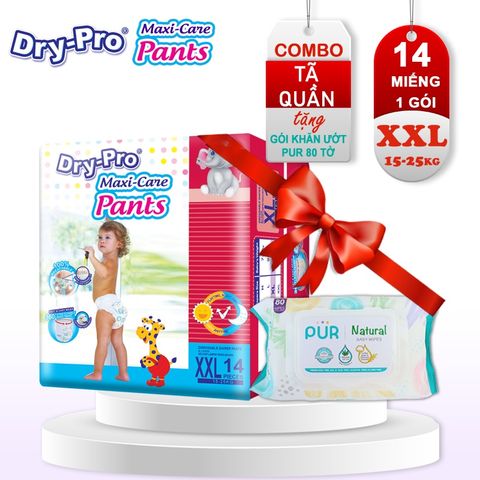  Combo Tã/bỉm quần Dry-Pro XXL14 (15kg-25kg) + tặng 1 gói khăn ướt Pur 80 tờ cho bé 