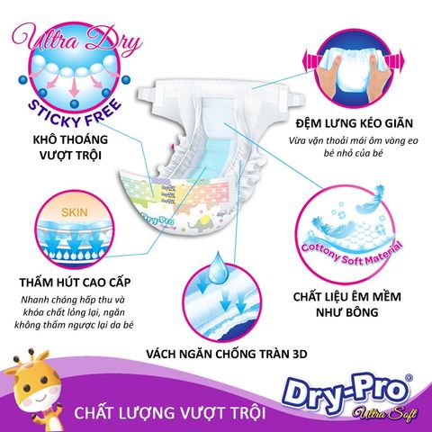  Tã/bỉm dán Dry-Pro siêu mềm nhập khẩu Malaysia size M74 (6kg - 10kg) - Gói 74 miếng 