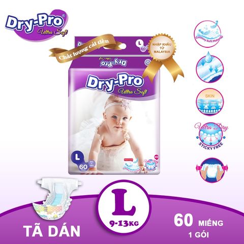  Tã/bỉm dán Dry-Pro siêu mềm nhập khẩu Malaysia size L60 (9kg - 13kg) - Gói 60 miếng 