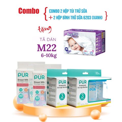  Combo 2 hộp Túi trữ sữa Pur (50 túi/hộp) + 2 hộp bình trữ sữa Pur (3 bình/hộp) + tặng 1 gói tã bỉm cho bé 