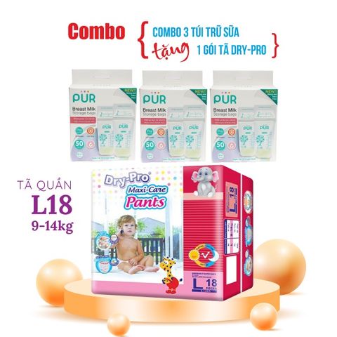  Combo 3 hộp Túi trữ sữa Pur (50 túi/hộp) + tặng 1 gói tã bỉm cho bé 