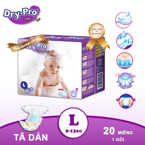  Combo Tã/bỉm dán Dry-Pro L20 (9kg-13kg) + tặng 1 gói khăn ướt Pur 80 tờ cho bé 