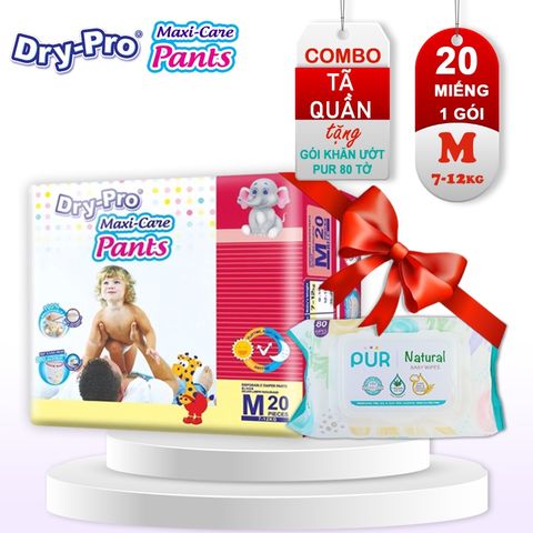  Combo Tã/bỉm quần Dry-Pro M20 (7kg-12kg) + tặng 1 gói khăn ướt Pur 80 tờ cho bé 