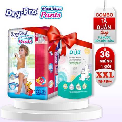  Combo tã/bỉm quần Dry-Pro XXL36 (15kg-25kg) + tặng Túi nước rửa bình sữa Pur 450ml 