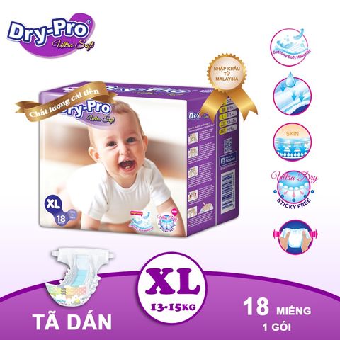  Combo Tã/bỉm dán Dry-Pro XL18 (13kg-15kg) + tặng 1 gói khăn ướt Pur 80 tờ cho bé 