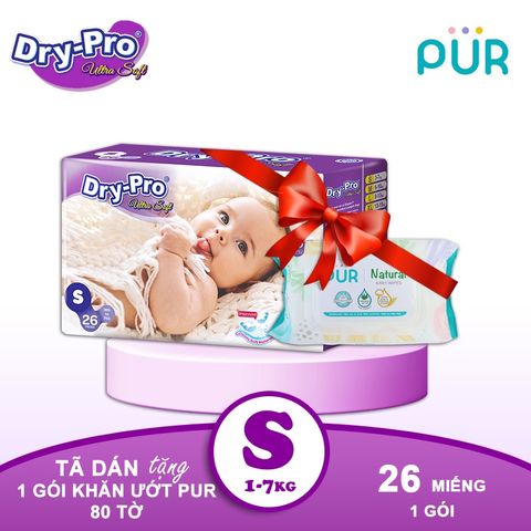  Combo Tã/bỉm dán Dry-Pro S26 (3kg-7kg) + tặng 1 gói khăn ướt Pur 80 tờ cho bé 