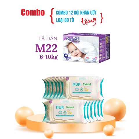  Combo 12 gói khăn giấy ướt Pur thành phần tự nhiên + Tặng 1 gói tã bỉm cho bé 