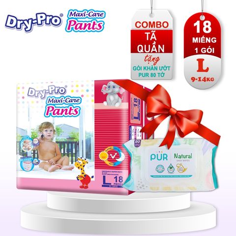  Combo Tã/bỉm quần Dry-Pro L18 (9kg-14kg) + tặng 1 gói khăn ướt Pur 80 tờ cho bé 