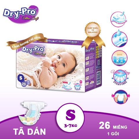  Combo Tã/bỉm dán Dry-Pro S26 (3kg-7kg) + tặng 1 gói khăn ướt Pur 80 tờ cho bé 