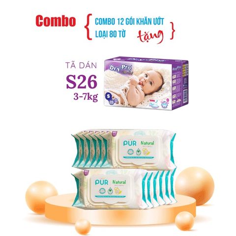  Combo 12 gói khăn giấy ướt Pur thành phần tự nhiên + Tặng 1 gói tã bỉm cho bé 